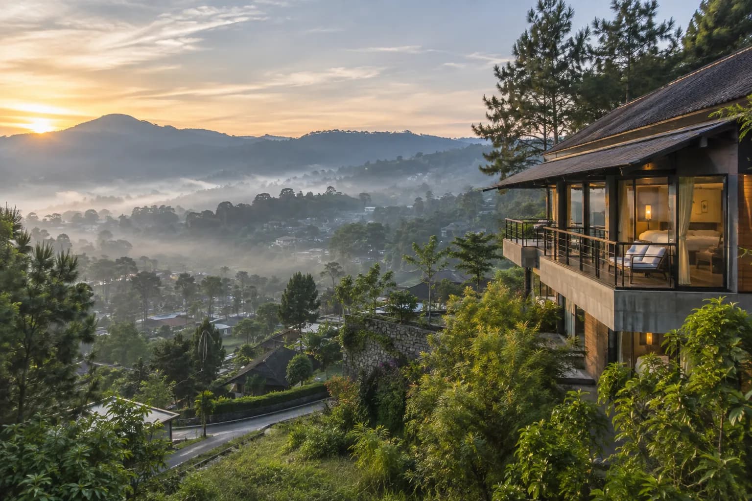 Hillside accommodation surrounded by green highlands and morning mist in North Bandung, Indonesia