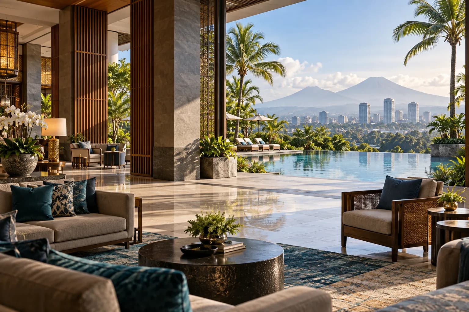Contemporary Indonesian hotel lobby overlooking an infinity pool, tropical garden, city skyline and distant mountains