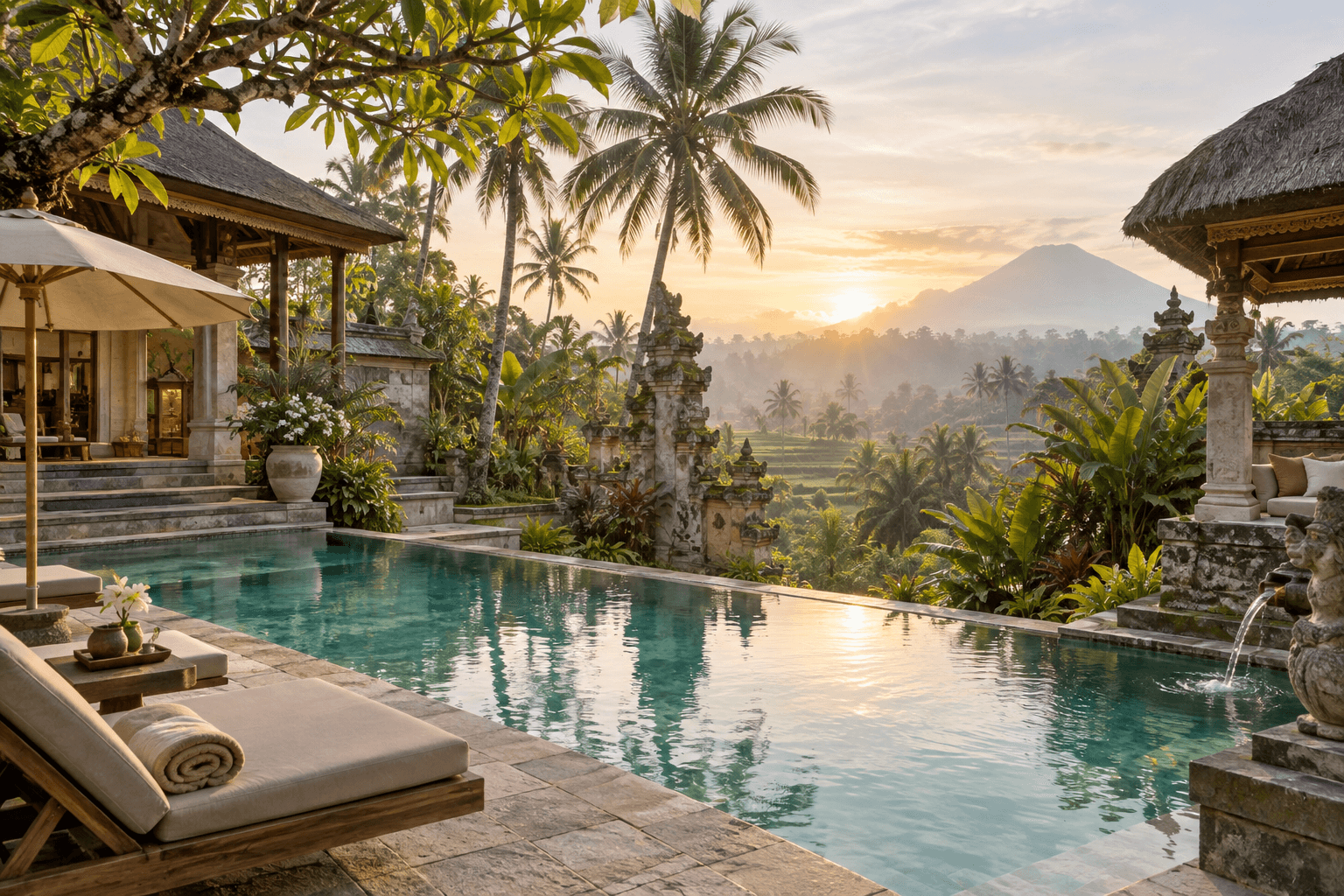 A Balinese hotel pool overlooking tropical greenery at sunrise