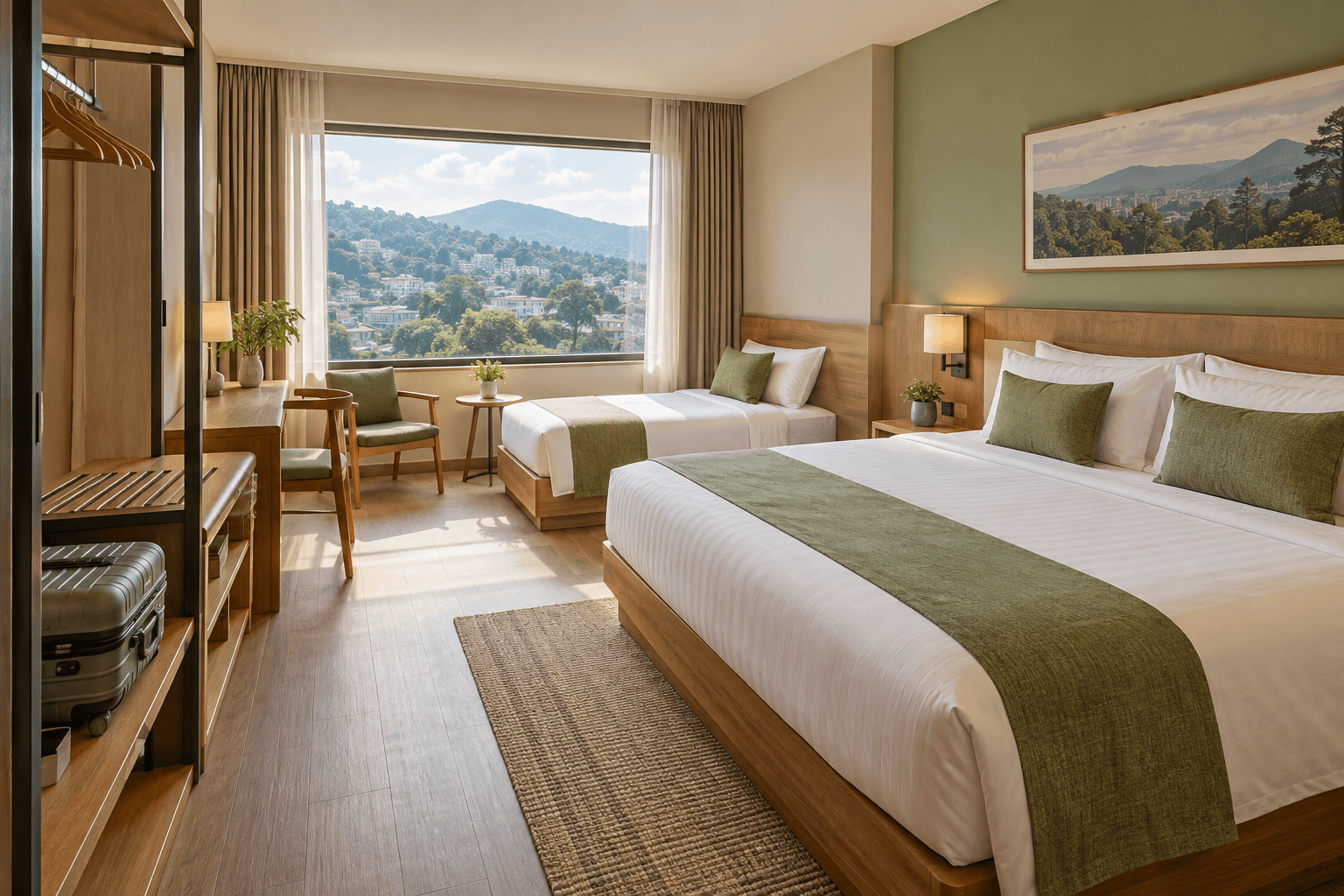 A comfortable family hotel room with a green Bandung hillside view