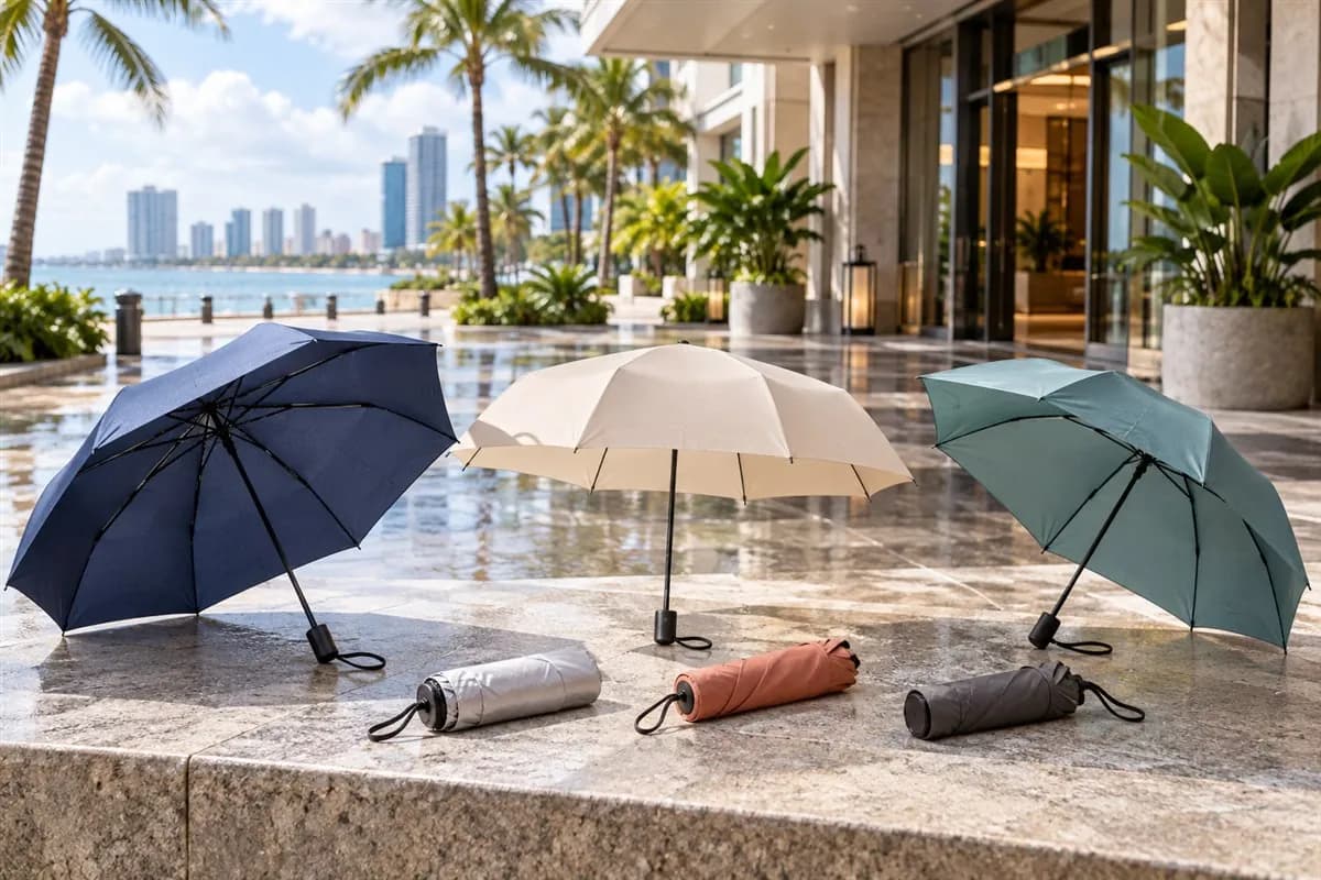 Six compact travel umbrellas arranged on a bright tropical hotel promenade after rain