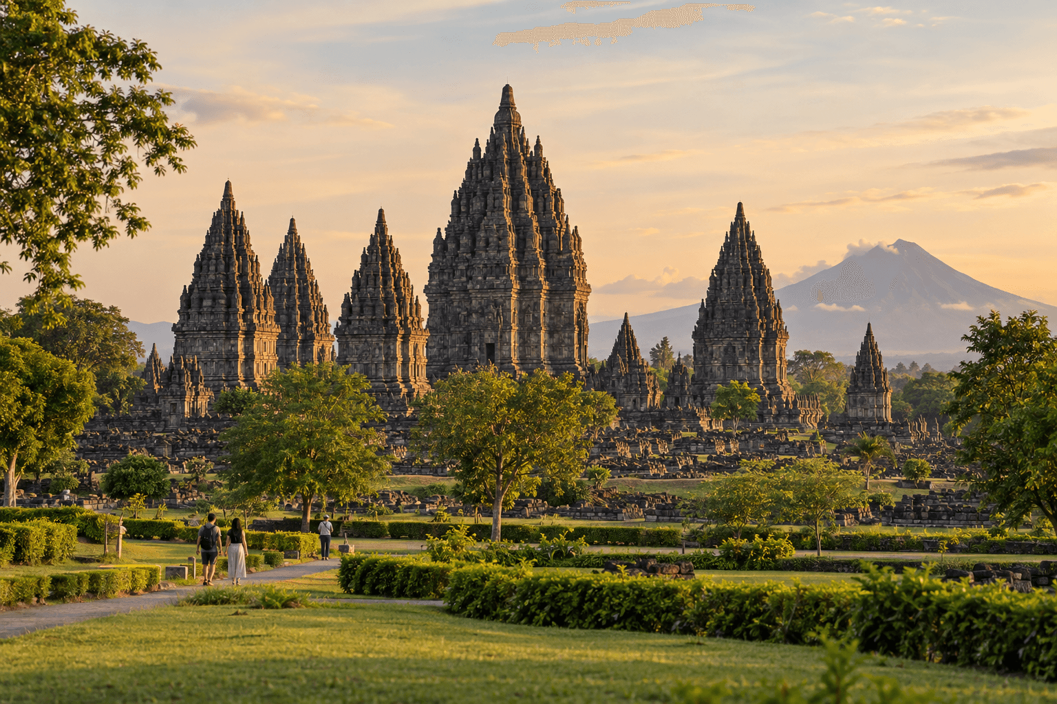 Prambanan Temple complex near Yogyakarta in warm late-afternoon light