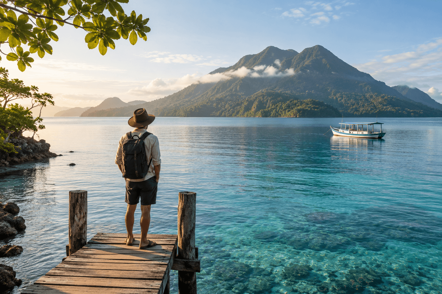 A traveller looking across clear water towards a remote volcanic island in Indonesia