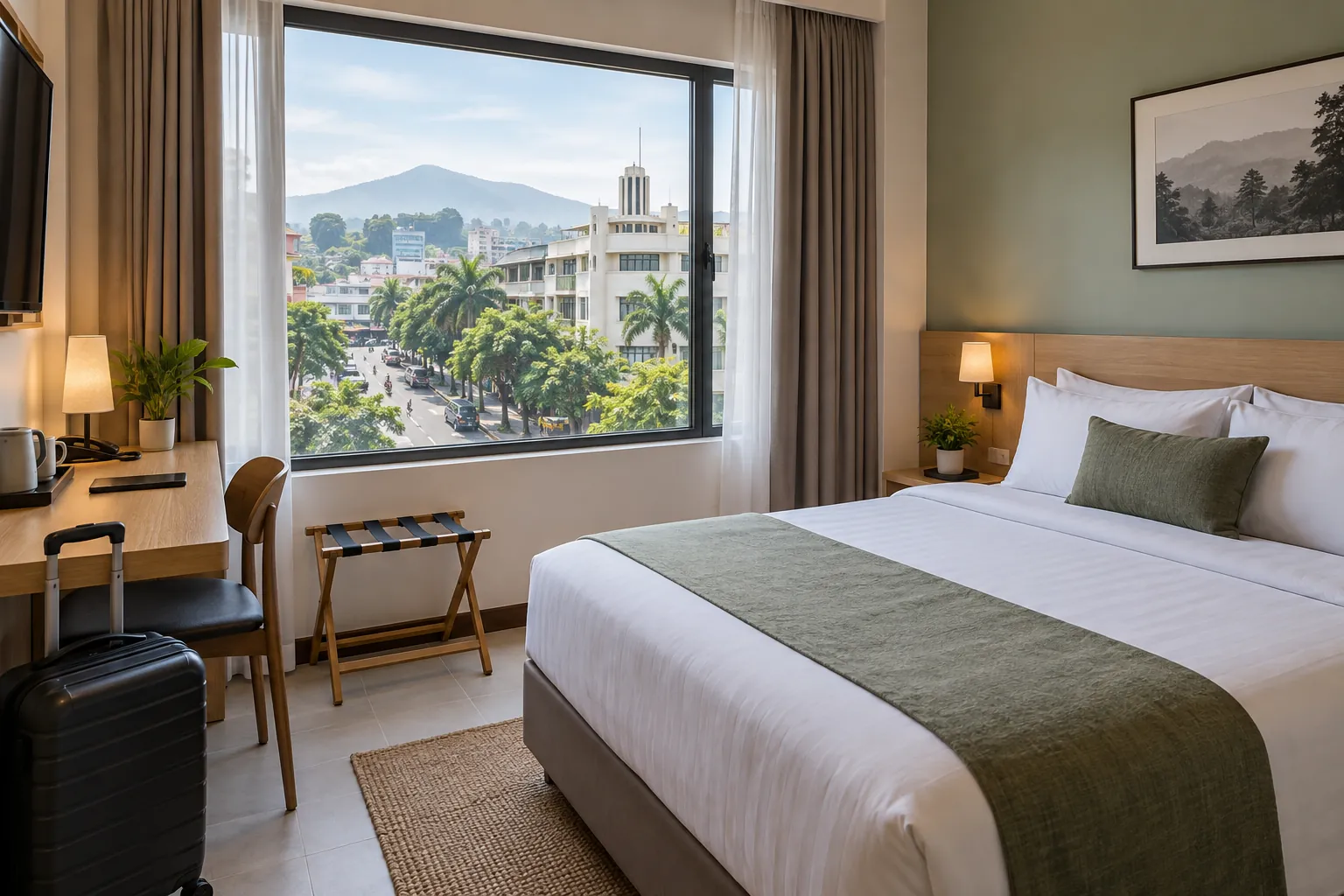 Clean affordable hotel room overlooking a green urban street and Bandung highlands in Indonesia
