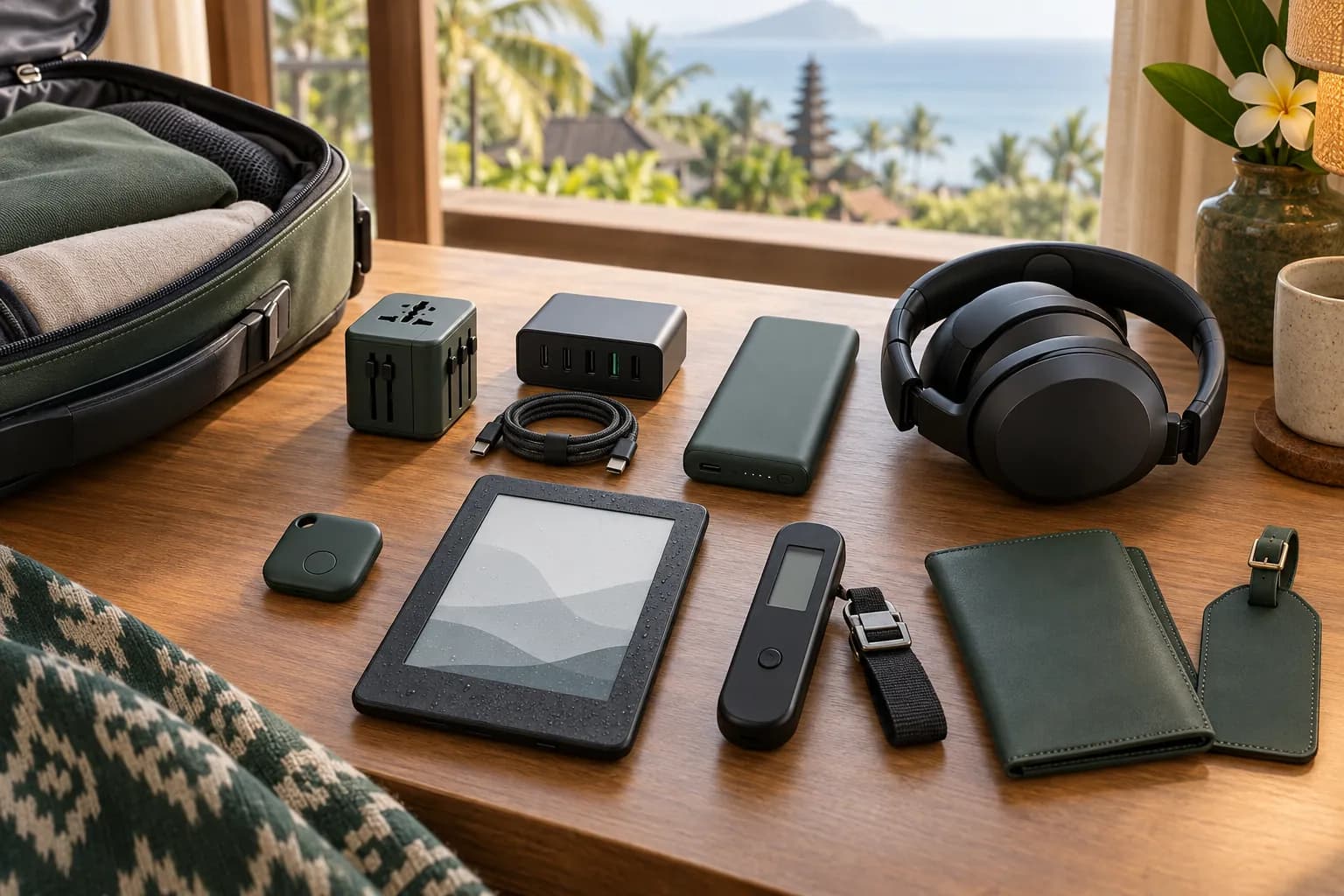 Seven compact travel gadgets arranged beside a carry-on bag, passport holder and phone on a hotel desk
