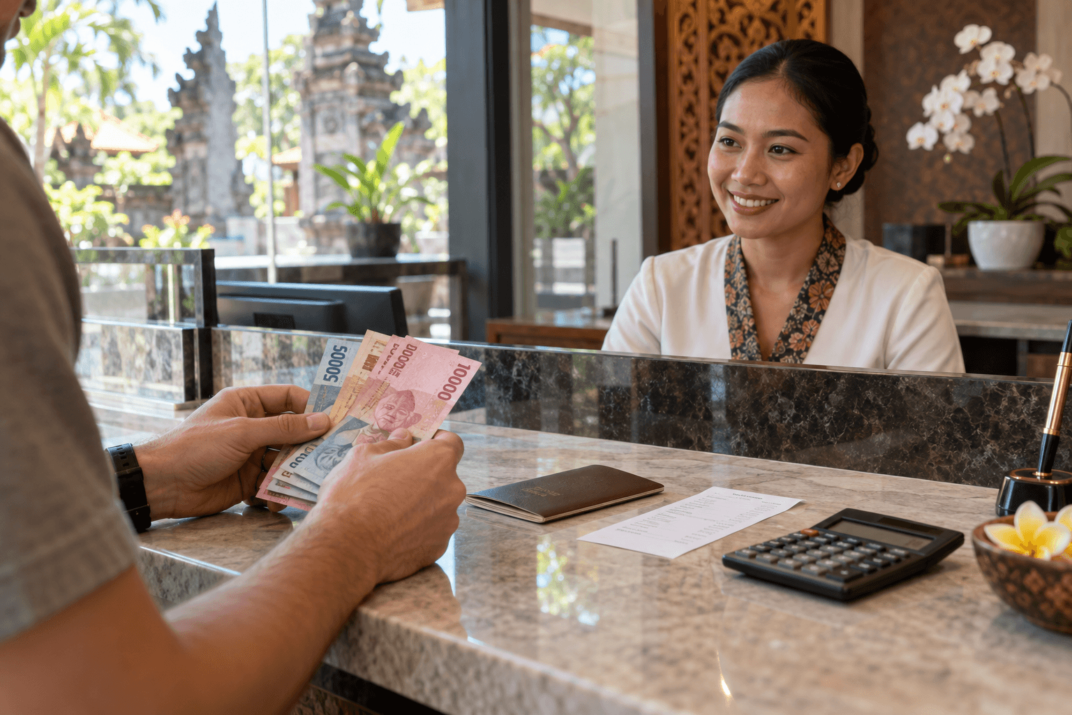 Traveller counting Indonesian rupiah at a professional currency exchange counter in Bali