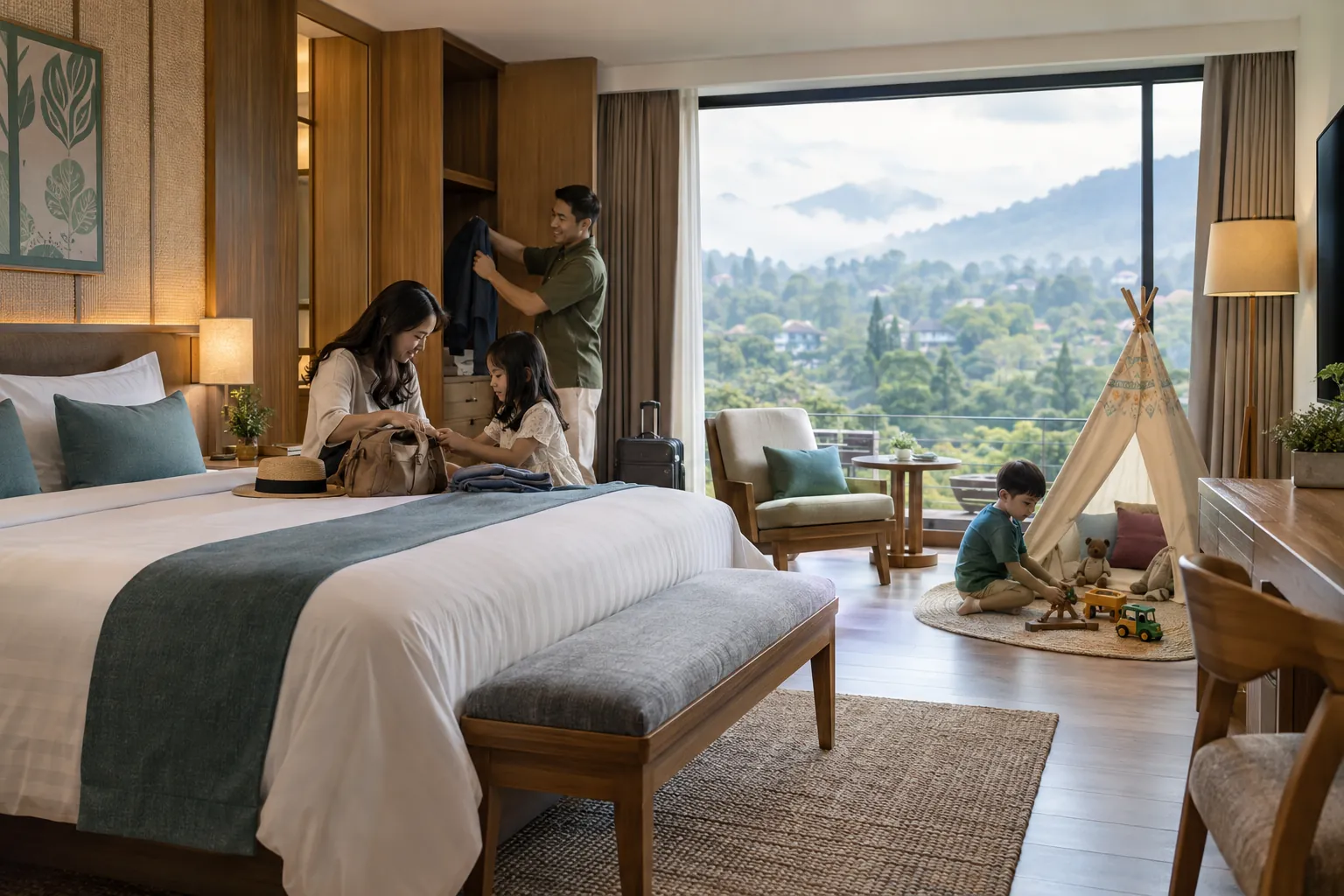 Family settling into a warm Bandung hotel room with a children's play corner and green highland view