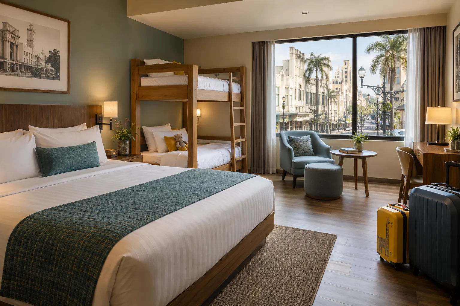 Welcoming family hotel room with a queen bed and separate children's beds near historic Braga in Bandung