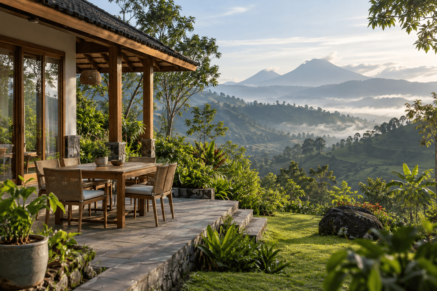 A comfortable villa terrace overlooking the green mountain landscape of Garut