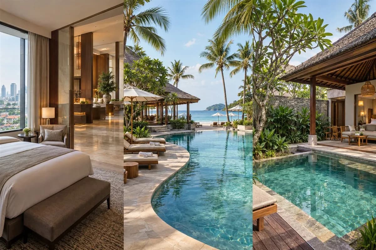 A comparison of a modern hotel room, tropical beachfront resort and private pool villa
