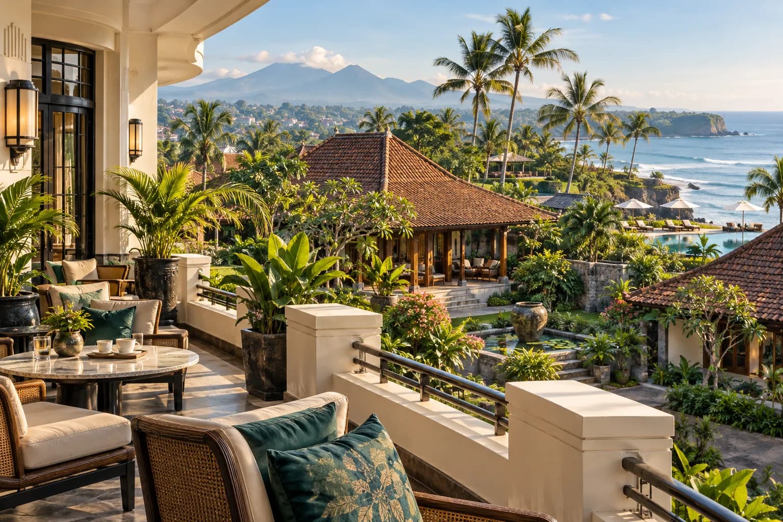 Indonesian hotel terrace combining Bandung heritage style, a Yogyakarta courtyard and a tropical Bali coast