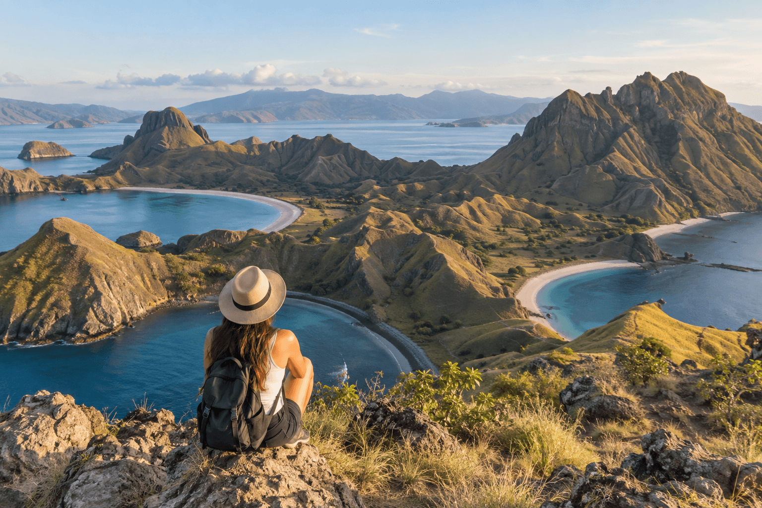 Traveller overlooking the islands and turquoise bays of Komodo National Park in Indonesia