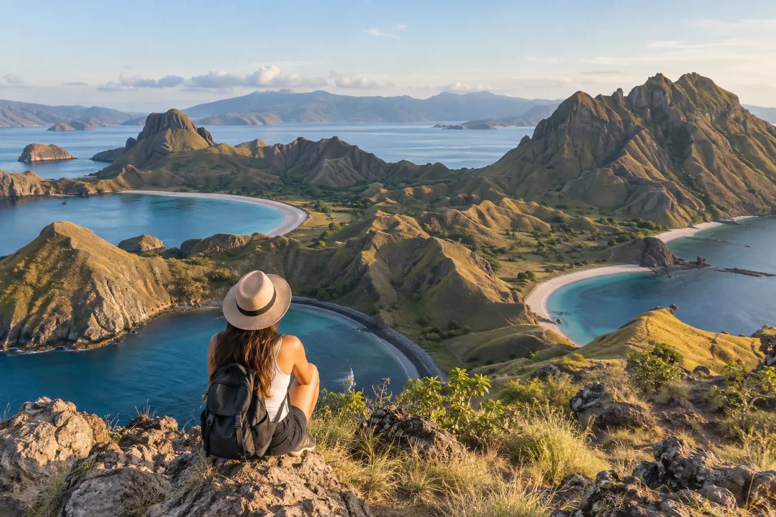 Traveller overlooking the islands and turquoise bays of Komodo National Park in Indonesia