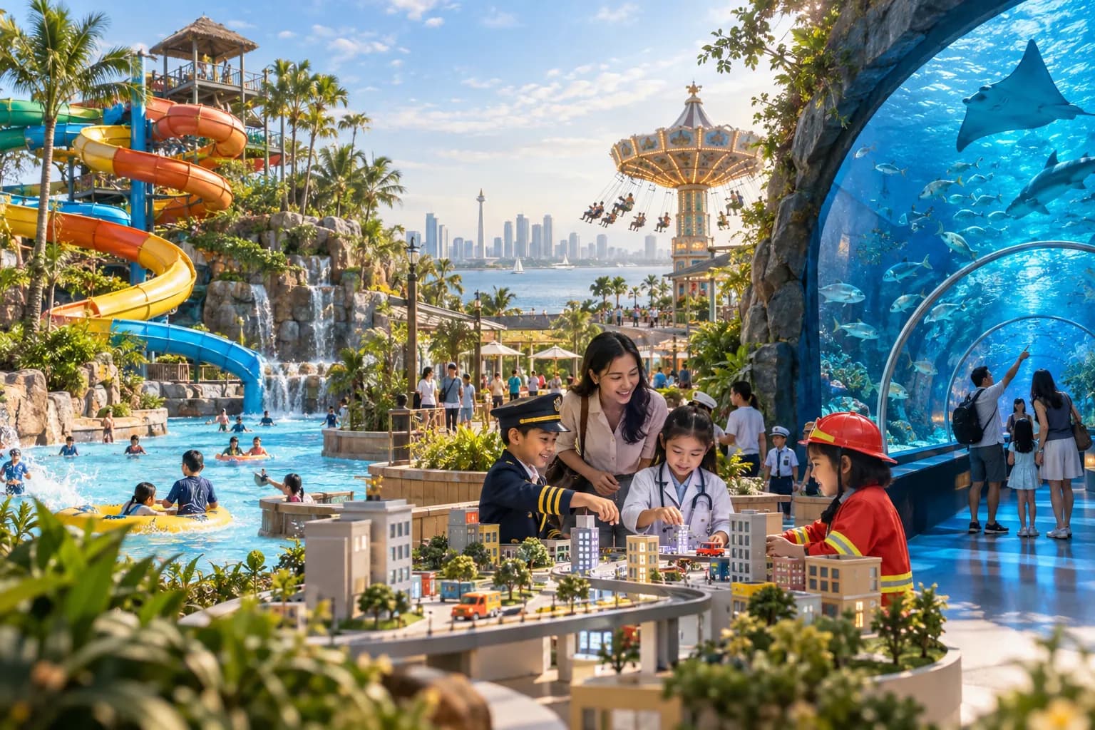 Family attractions in Indonesia with water slides, a theme park ride, educational role-play, and an aquarium tunnel