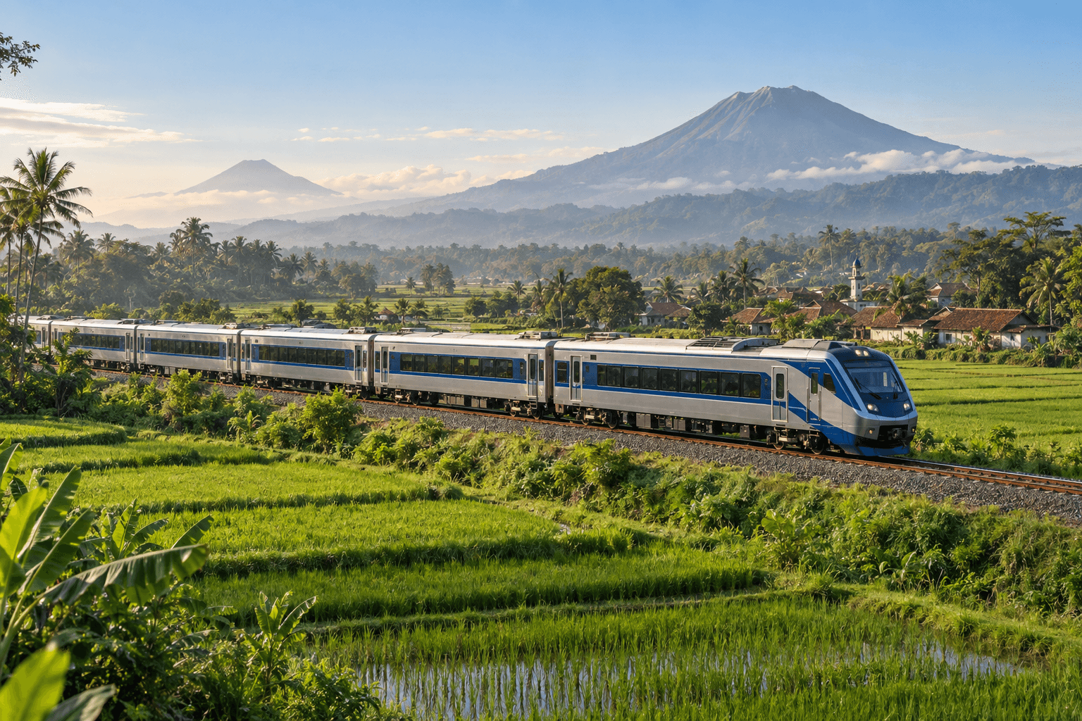 An intercity passenger train travelling through rice fields in Java, Indonesia