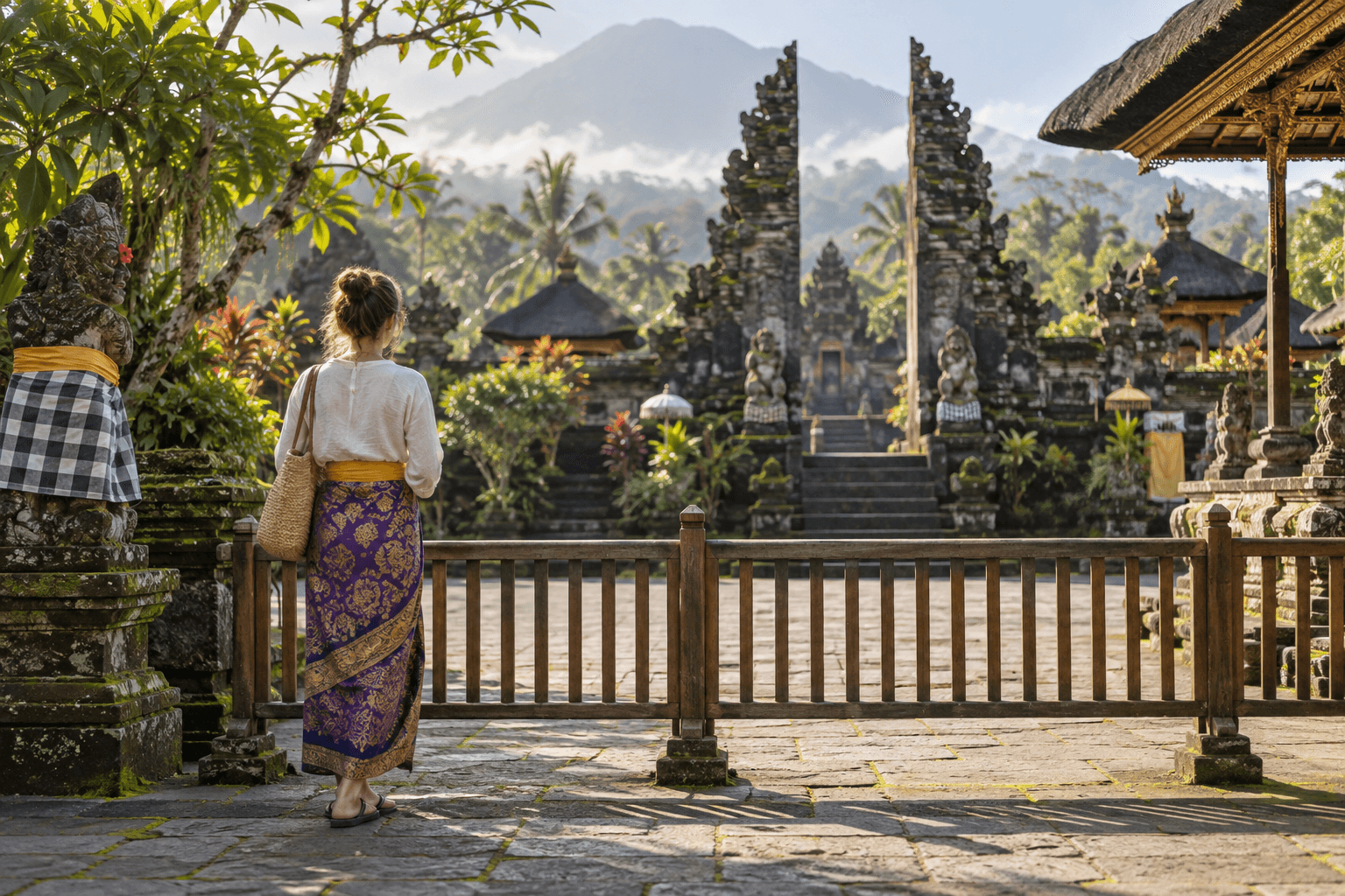 Traveller wearing a sarong and respecting a boundary at a Balinese temple in Indonesia