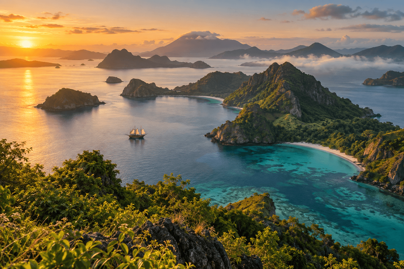 Tropical Indonesian islands and a traditional sailing boat at sunrise