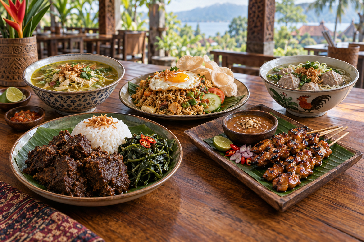Indonesian rendang, nasi goreng, satay, soto, and bakso arranged on a wooden dining table