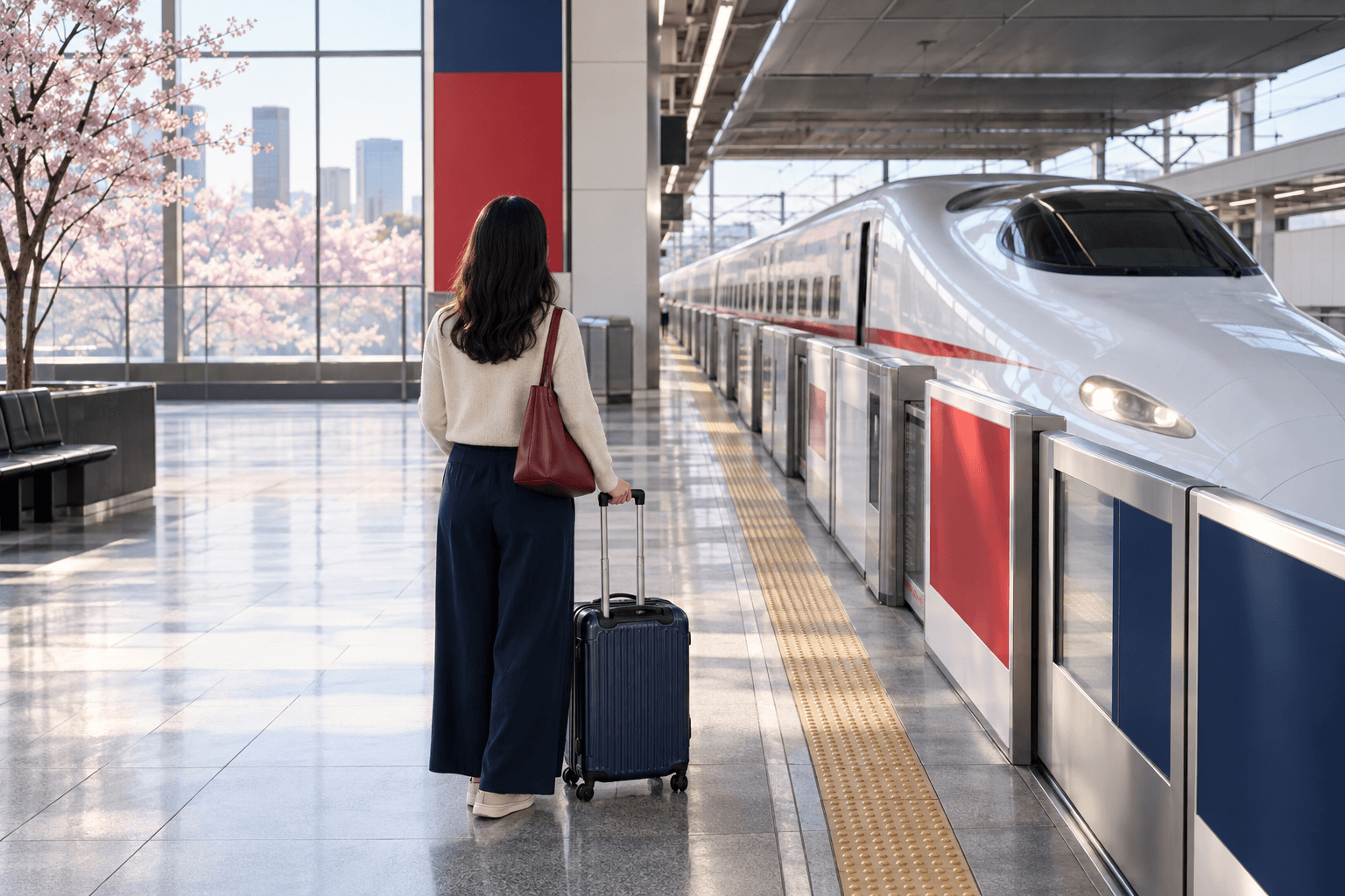 Traveller with a suitcase waiting beside a Shinkansen in a modern Japanese railway station