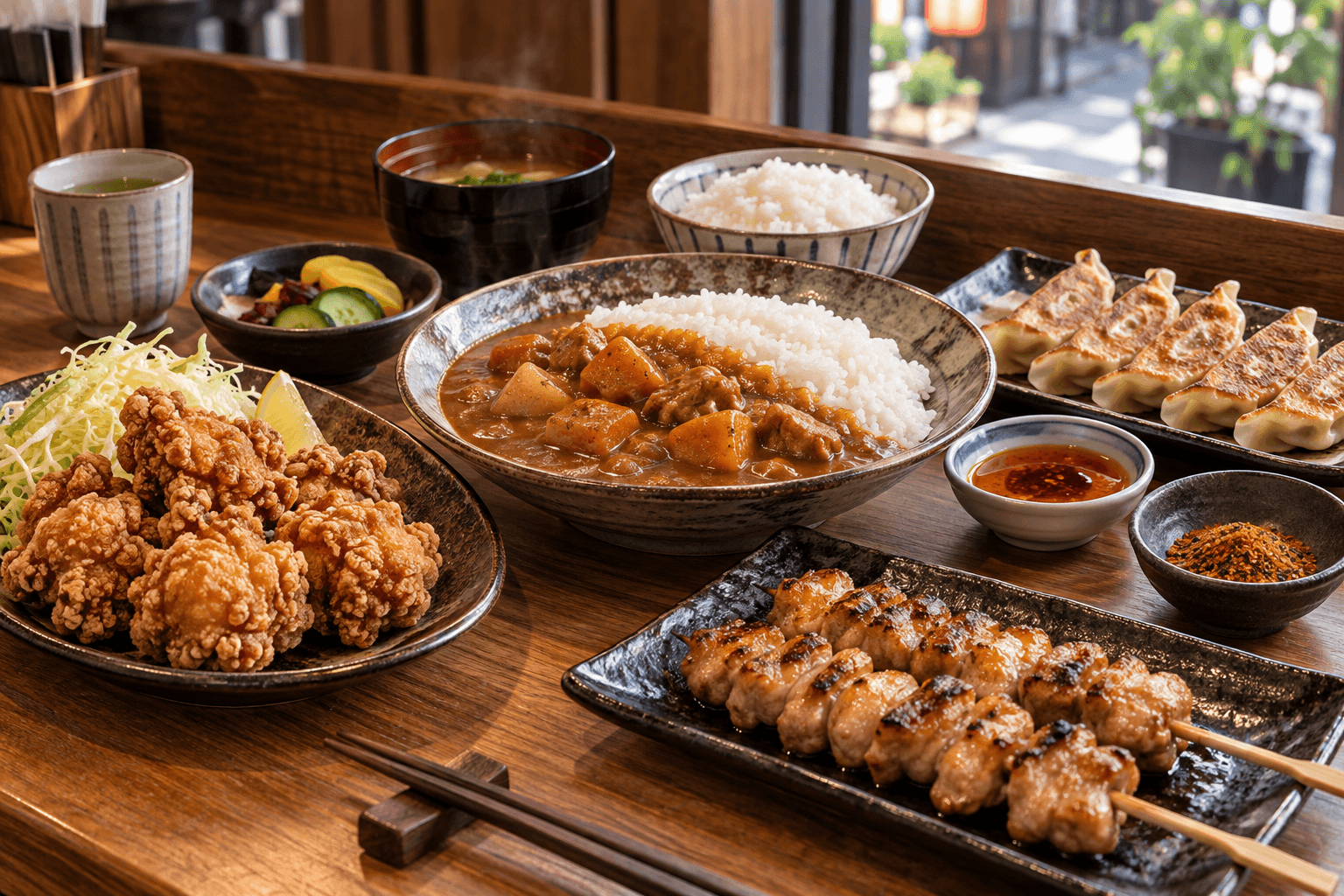 Japanese table with karaage, curry rice, grilled chicken skewers, gyoza, rice, pickles, and chilli condiments