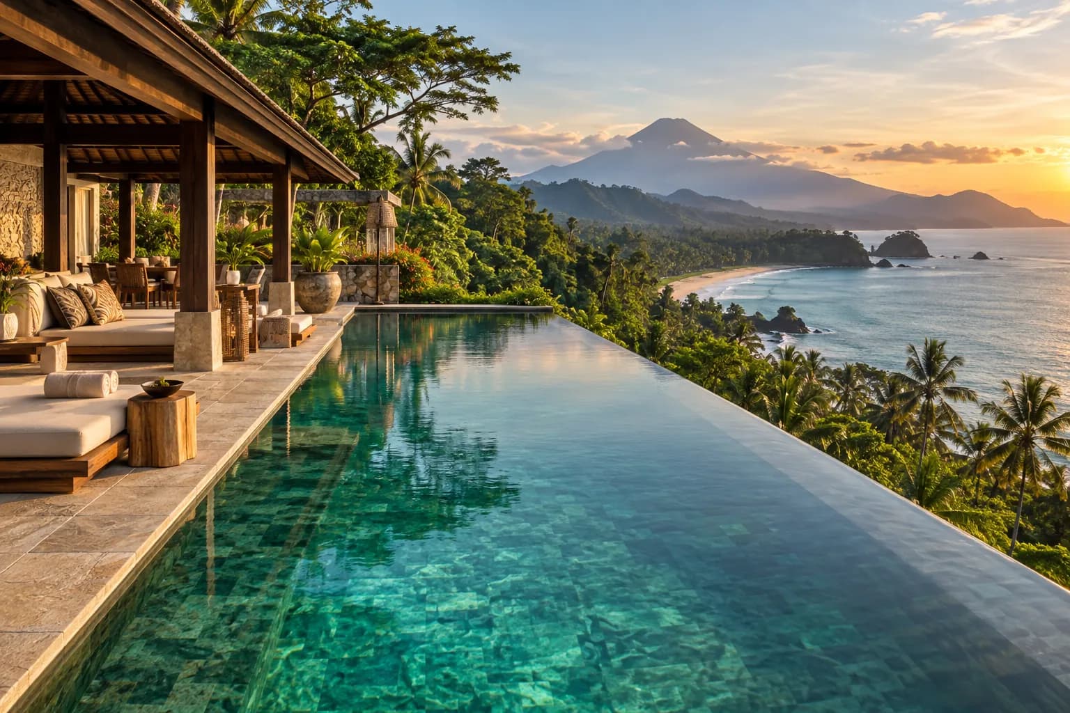 Luxury Indonesian resort pavilion and infinity pool overlooking tropical forest, coastline and volcanic mountains at sunrise