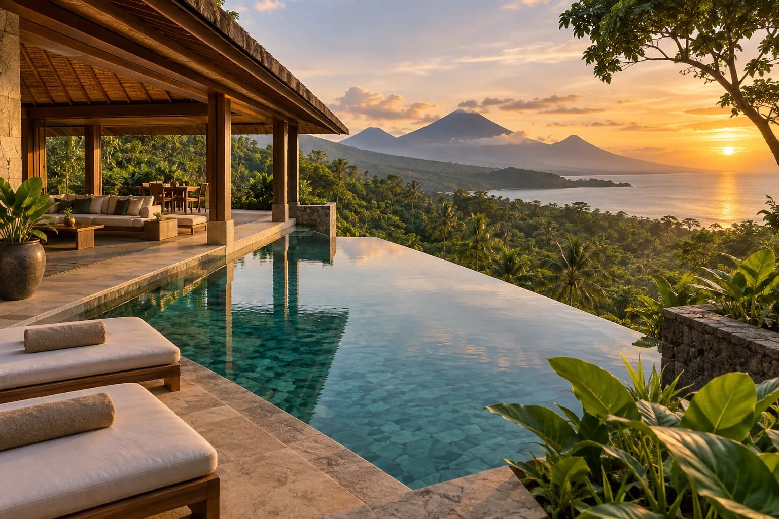 Ultra-luxury Indonesian villa with an infinity pool overlooking tropical forest, volcanic mountains and the sea at sunset