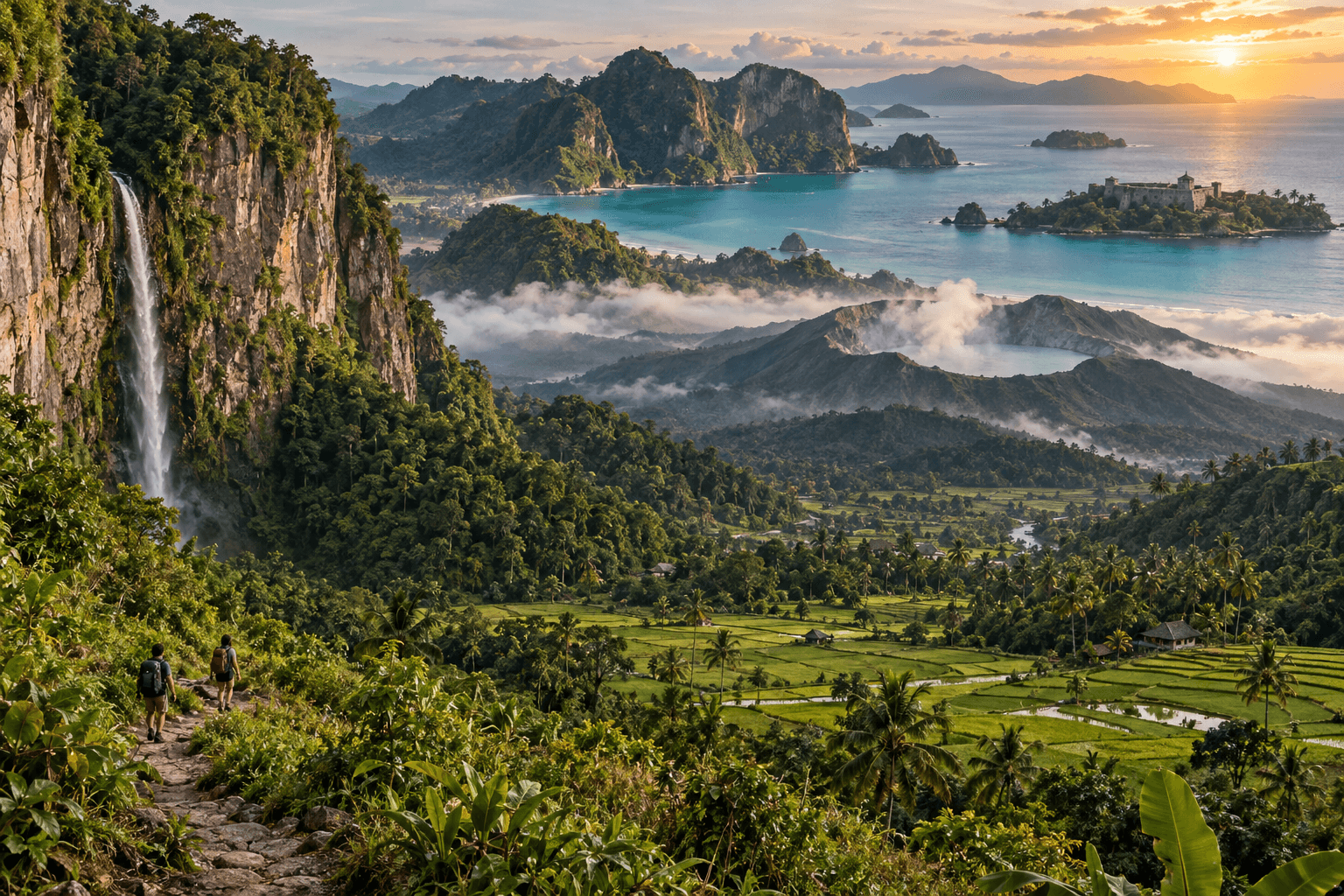 Editorial composite of Indonesian valleys, volcanic highlands, tropical islands, and a historic coastal fort