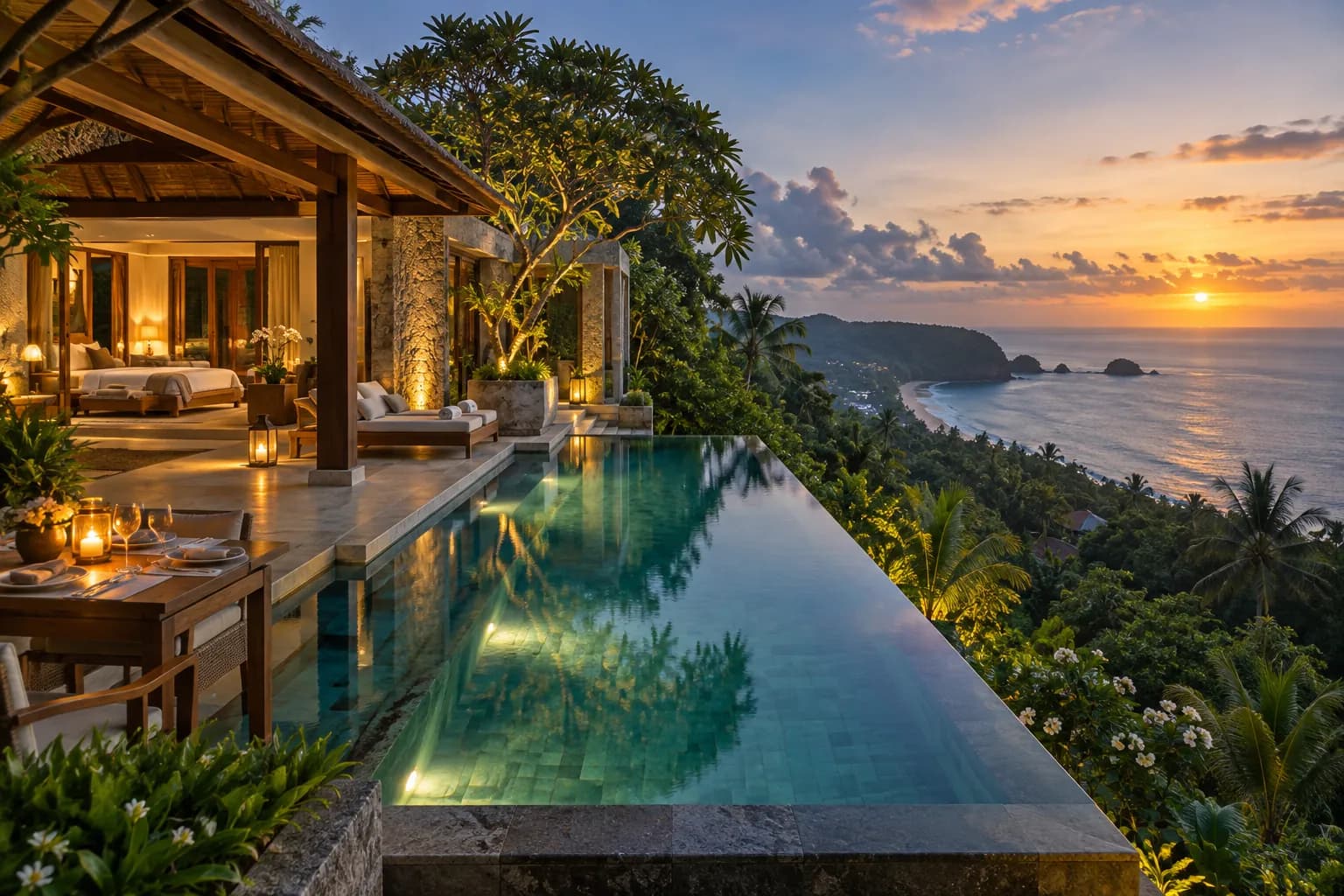 Ultra-luxury Indonesian private-pool villa overlooking tropical forest and the ocean at sunset