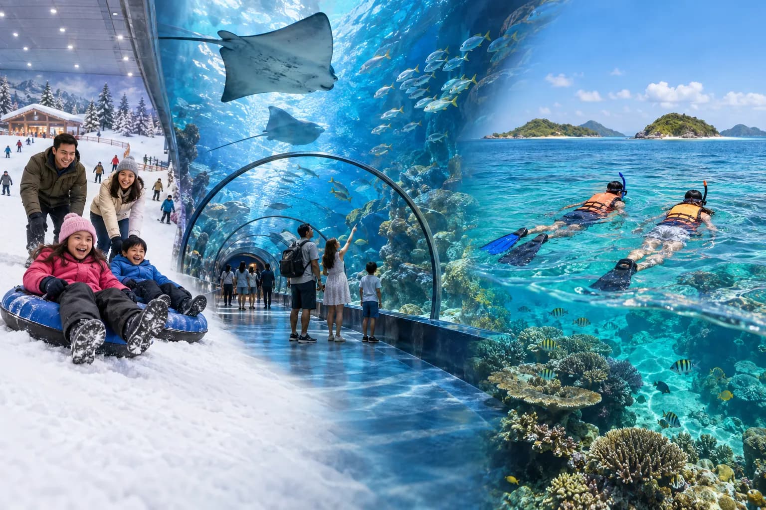 Indoor snow play, an aquarium tunnel, and safe snorkeling around tropical Indonesian islands