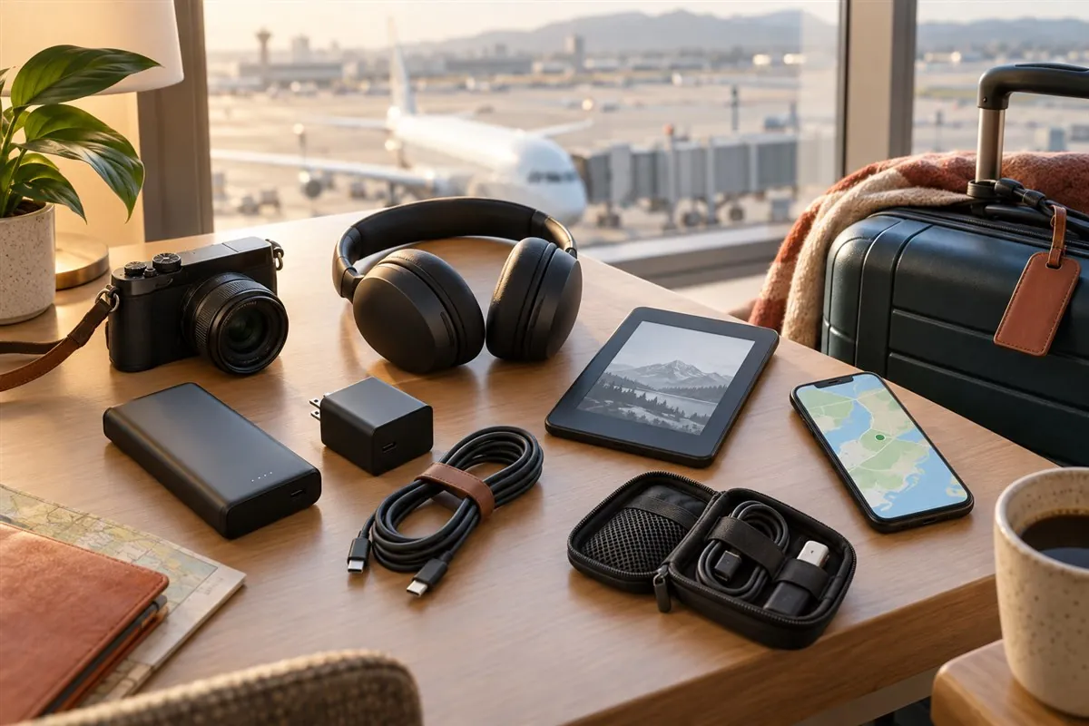 Travel electronics including a camera, headphones, e-reader, phone, charger, power bank and cables arranged beside a carry-on bag