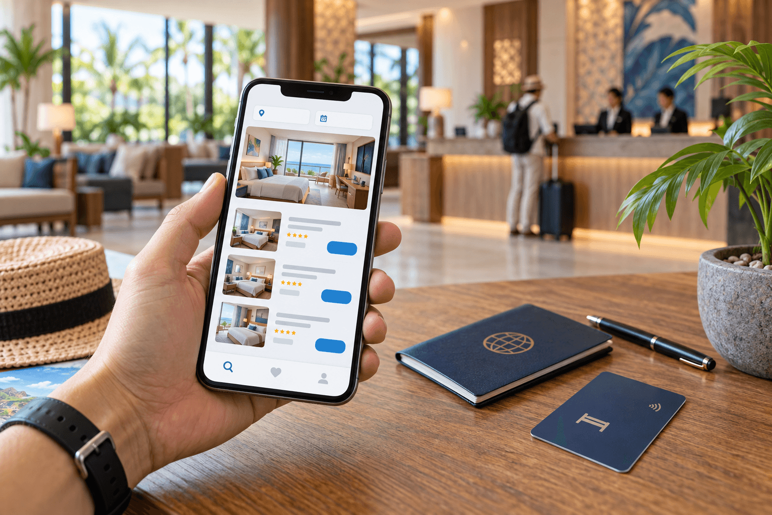 A traveller comparing hotel rooms on a smartphone in a hotel lobby