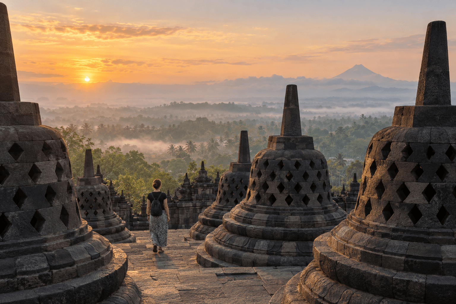 A traveller walking among Borobudur stupas near Yogyakarta at sunrise