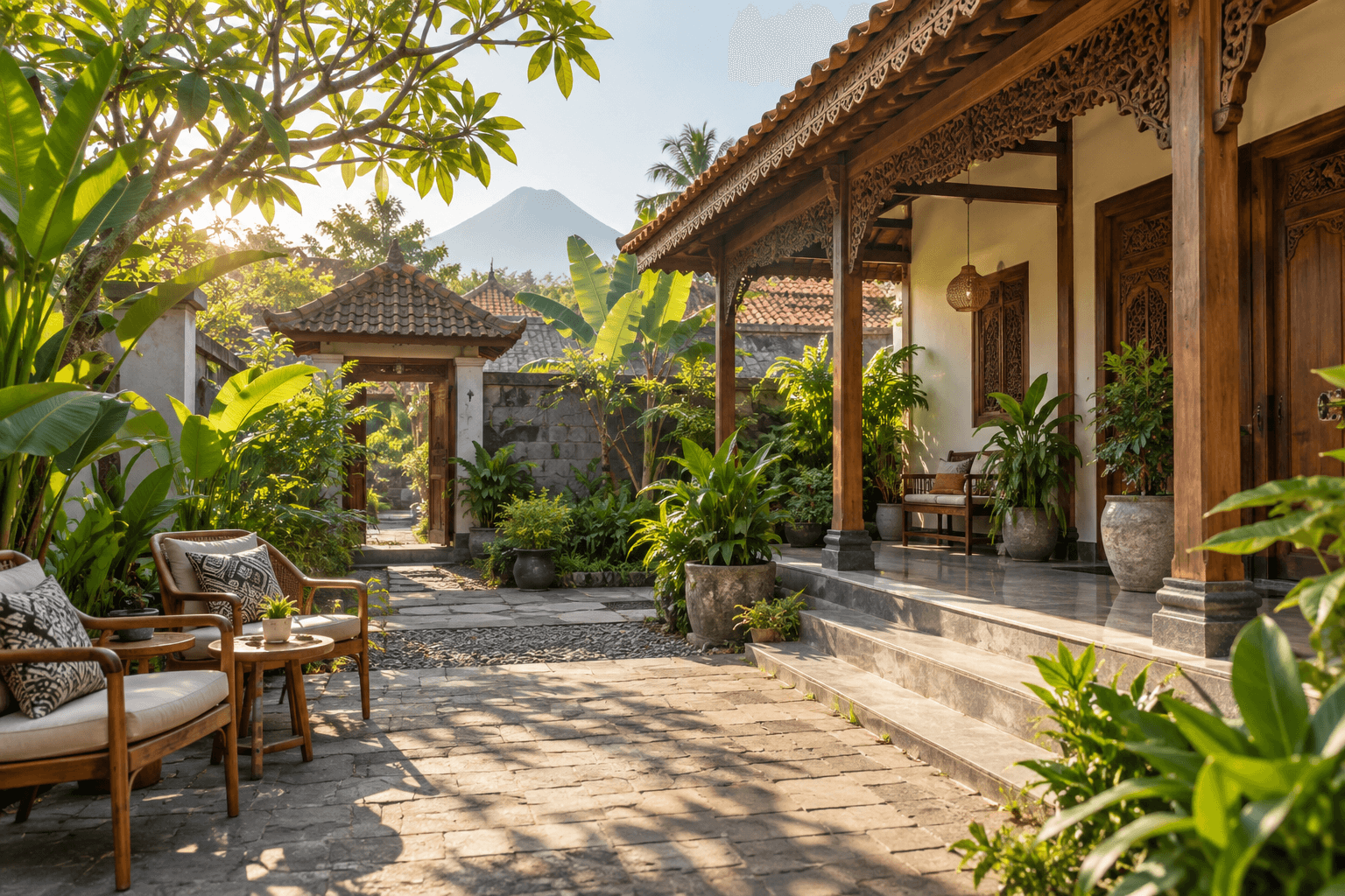 A Javanese guesthouse courtyard in Yogyakarta